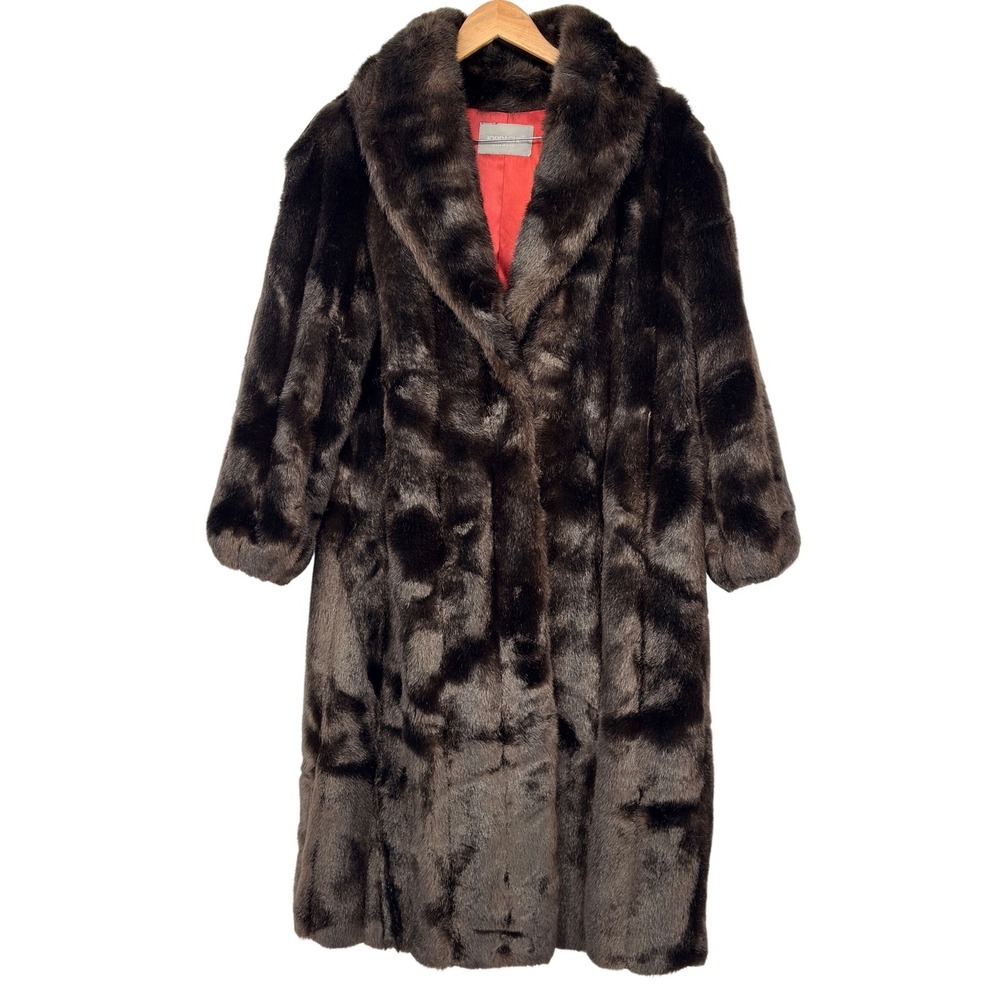 Vintage Jordache Faux Fur Coat Brown Midi Retro Glam Made USA